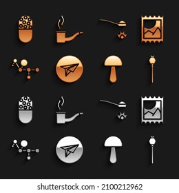 Set Messenger, LSD acid mark, Opium poppy, Psilocybin mushroom, Cannabis molecule, Heroin spoon, Medicine pill or tablet and Smoking pipe icon. Vector
