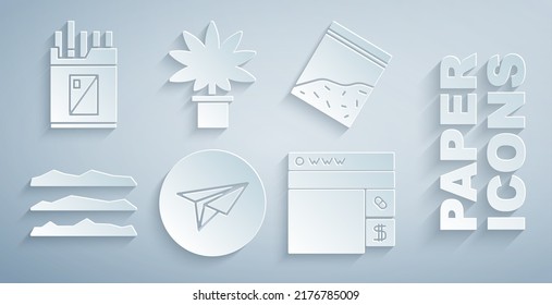 Set Messenger, Plastic Bag Of Drug, Cocaine Or Heroin, Buying Drugs Online, Marijuana Cannabis Plant Pot And Open Cigarettes Pack Box Icon. Vector