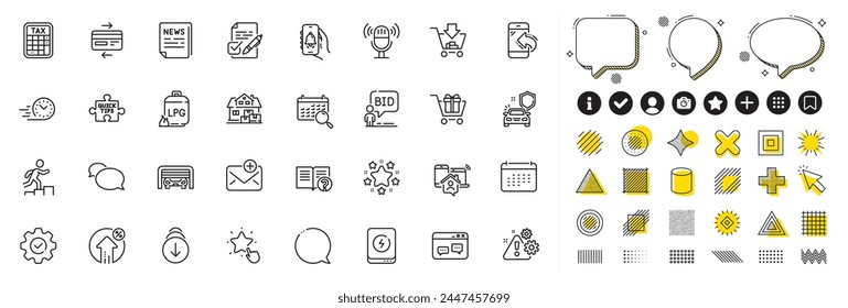 Set of Messenger, Speech bubble and Execute line icons for web app. Design elements, Social media icons. Home moving, Credit card, Shopping icons. Auction, Loan percent, Quick tips signs. Vector