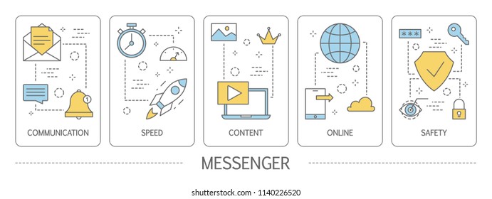 Set of messenger vertical banners. Communication, content, online and safety. Idea of modern technology. Chatting through mobile app. Isolated line vector illustration
