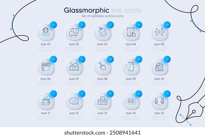 Conjunto de Messenger, caja de votación e iconos de línea de negocio global para App de Web. Cursor, gasolinera, traducir iconos. Cambio de dólar, Desplazarse hacia abajo, Señales de seguro telefónico. Flujo de trabajo, Tarjeta, Estrella. Vector