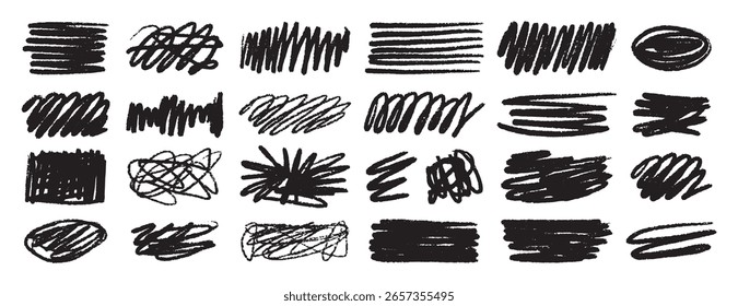 Set messy black brush textured wax crayon spots isolated on white background. Grunge chalk sketch collection. Hand drawn rough edges. Vector illustration