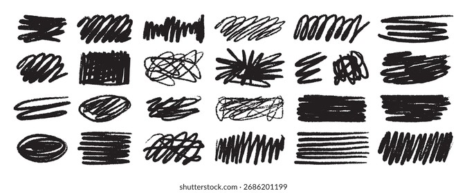 Establecer puntos de lápiz de cera con textura de pincel negro desordenado aislados sobre fondo blanco. Colección de dibujo de tiza Grunge. Dibujado a mano bordes ásperos. Ilustración vectorial
