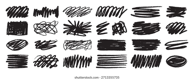 Stellen Sie chaotische schwarze Pinsel strukturiert Wachs Buntstifte Flecken einzeln auf weißem Hintergrund. Grunge-Kreide-Skizzensammlung. Handgezeichnete raue Kanten. Vektorgrafik