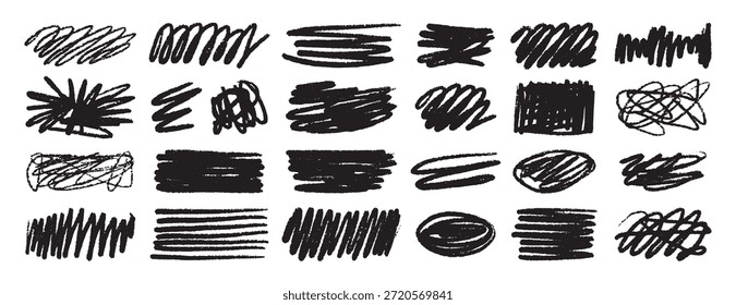 Stellen Sie chaotische schwarze Pinsel strukturiert Wachs Buntstifte Flecken einzeln auf weißem Hintergrund. Grunge-Kreide-Skizzensammlung. Handgezeichnete raue Kanten. Vektorgrafik