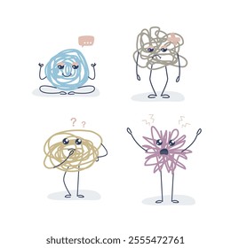 Set of messy chaos mascots. Obsessive thoughts, headache, unresolved issues. Unhappy characters. Psychological trauma; depression. Mental stress, panic and mind disorder. flat vector illustration