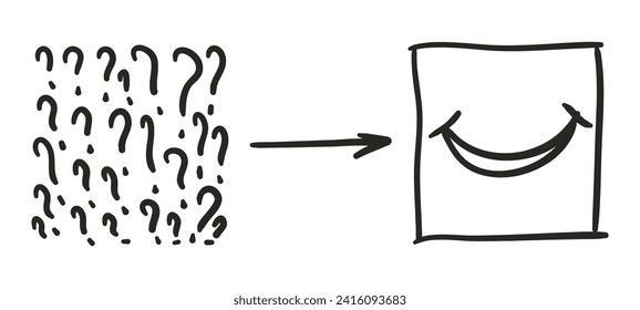 Set of messy clew symbols. Concept of transition from complicated to simple. From questions to positive. Vector illustration