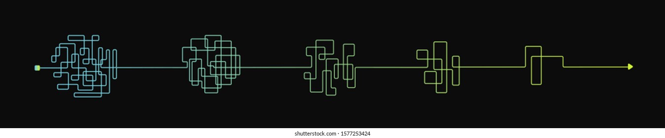 Set of messy clew symbols connected between them, line of symbols with scribbled elements, consept of transition from complicated to simple, isolated on a black background Vector illustration.