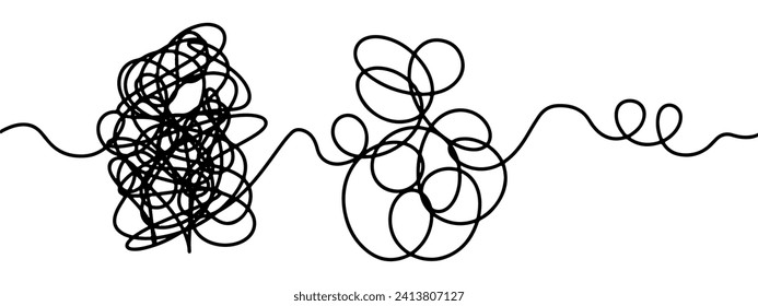 Set of messy clew symbols connected between them line of symbols with scribbled element. Concept of transition from complicated to simple. Vector illustration isolated on white background .