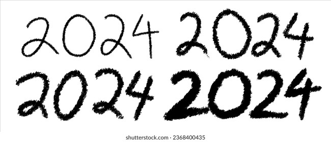 Set of messy hand drawn 2024 grunge calligraphic designs. Chalk hand writing 2024 isolated on white background. Vector Illustration. 