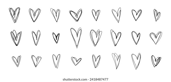 Set of messy outline brush stroke textured black hearts frames for Valentines day greeting cards and banners design, romantic decoration