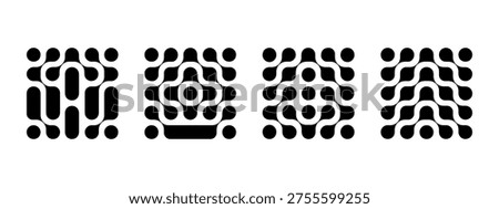 Set of meta ball patterns. Black linked liquid drops or round amorphous shapes isolated on white background. Connected neurons, molecules or cells. Modern abstract print. Vector graphic illustration.