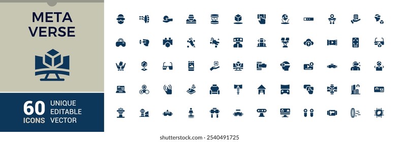 Conjunto de ícones sólidos do Meta Verse. Contém relacionados a entretenimento, interativo, metaverso, ciber, estilo de vida. Perfeito para logotipos e infográficos. Ilustração vetorial editável.