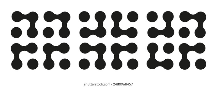 Set of Metaball dot icons. Connected circle shape sign. Abstract integration symbol. Simple patterns. Point movement. Morphing blobs. Metaballs transition. Logo, sticker template. Web design elements.