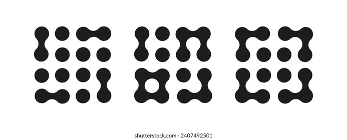 Set of Metaball icons. Connected dots symbol isolated on a white background. Abstract circles patterns collection. Design elements. Vector graphic illustration.