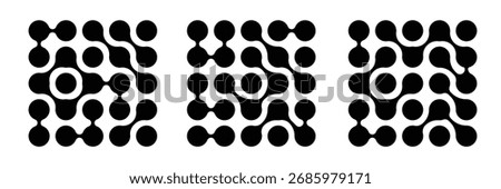 Set of metaball patterns. Black connected liquid drops or morph dot shapes isolated on white background. Circular connect pattern with tech dots.