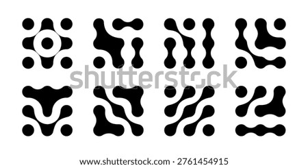 Set of metaball patterns. Black linked fluid drops, flowing dots or round organic shapes isolated on white background. Connected neurons, molecules or cells. Modern print. Vector graphic illustration.