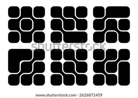 Set of metaball patterns. Black liquid drops or morph shapes isolated on white background. Neurons or molecules texture. Modern abstract print with connected dots. Vector graphic illustration.