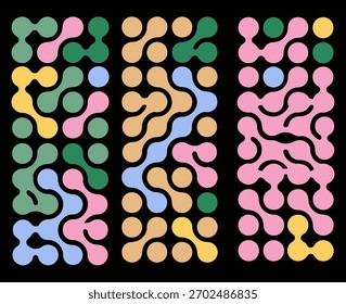Satz von Metaball-Muster in einem modernen minimalistischen Stil. Abgerundete, ineinander greifende organische Formen auf schwarzem Hintergrund. Vektorgrafik zum Thema Wissenschaft und Technologie.