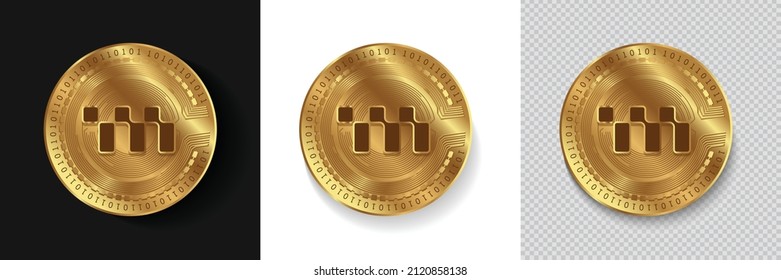 Set of Metadium (META) crypto currency logo symbol vector isolated on white, dark and transparent background. Can be used as golden coin sticker, icon, label, badge, print design and emblem