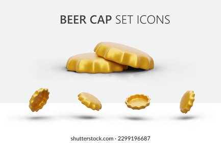 Set of metal 3D caps for beer bottles. Golden crown cap for alcoholic beverages. Three dimensional image from different angles in different positions. Realistic colored symbols for advertising blanks