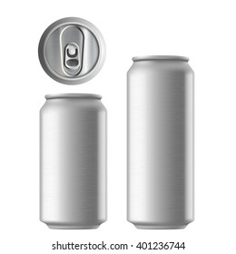 Set of metal aluminum cans 330 and 500 ml. Metal texture. Isolated on white background. Stock vector illustration.