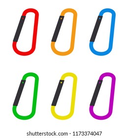 Set of metal aluminum carabiners. Protective carabiner for lifting the rope. Vector illustration. EPS 10. Set of colored carabiners.
