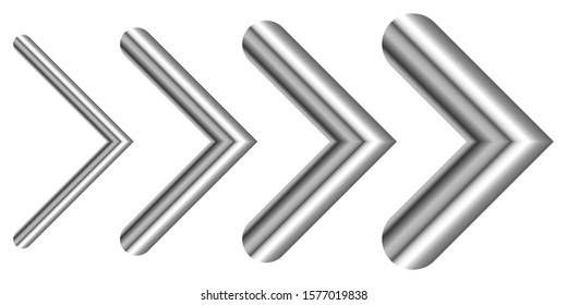 Set of metal arrows of different thicknesses. Vector silver arrows isolated. Chrome right Arrow
