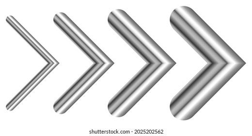 Set of metal arrows of different thicknesses. Vector silver arrows isolated. Chrome right Arrow