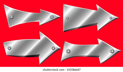 Set of metal arrows with rivets on red background