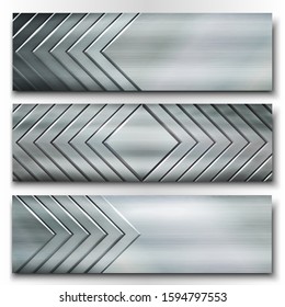 Set of metal banners. Industrial style. Directional arrows. Vector illustration.