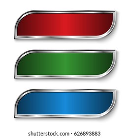 Set of metal banners. Three metal banners - green, red, blue, with rounded corners. Banners on white background. Vector illustration.