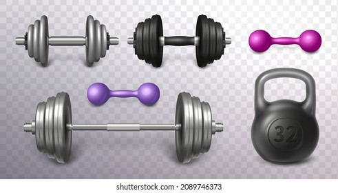 Set of metal barbell, black kettlebell and loadable dumbbells realistic vector illustration. Fitness sport tools for weightlifting workout. Powerlifting gear or gym equipment for strength training.