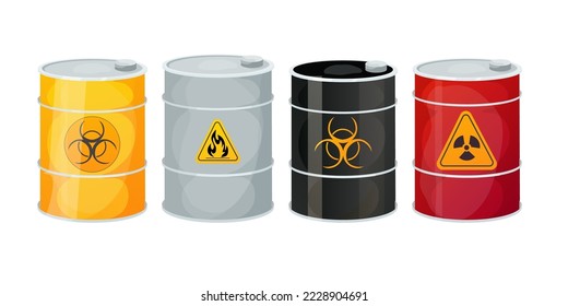 Set Metal barrels with toxic, dangerous signs in cartoon style isolated on white background. Radioactive, flammable.