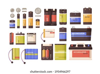 Set of metal batteries, accumulators, button cells, power bank of different sizes. Nickel and lithium energy sources for electric devices. Colored flat vector illustration isolated on white background svg