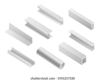 Set of metal beam tubes and pipes for building, steel construction materials.