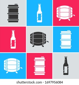 Set Metal beer keg, Beer bottle and Wooden barrel on rack with stopcock icon. Vector