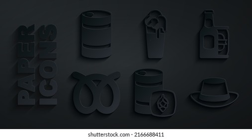 Set Metal beer keg, Beer bottle and can, Pretzel, Oktoberfest hat, Glass of and  icon. Vector