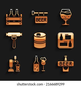 Set Metal beer keg, Beer bottle and glass, menu, tap with, Sausage on the fork, Glass of and Pack bottles icon. Vector