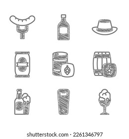 Set Metal beer keg, Bottle opener, Glass of, Wooden barrel, Beer bottle and glass, can, Oktoberfest hat and Sausage on the fork icon. Vector