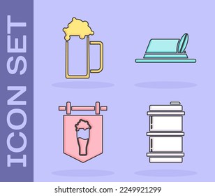 Set Metal beer keg, Glass of beer, Street signboard with glass of beer and Oktoberfest hat icon. Vector