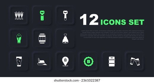 Set Metal beer keg, Glass of, Wooden barrel, Bottle cap, Oktoberfest hat, opener and Wheat icon. Vector