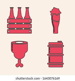 Set Metal beer keg, Pack of beer bottles, Glass of beer and Chicken leg icon. Vector