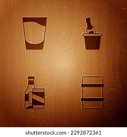 Set Metal beer keg, Shot glass, Beer bottle and can and Champagne in ice bucket on wooden background. Vector