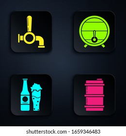 Set Metal beer keg, Beer tap, Beer bottle and glass and Wooden barrel on rack with stopcock. Black square button. Vector