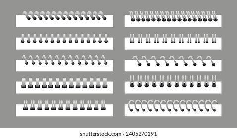 Conjunto de encuadernador de metal. Bobinas realistas de plata o espiral negra para cuaderno. portapapeles de varias formas, hojas de fijación helicoidales 3D y cordajes de cuaderno de esbozo suenan fondo transparente.