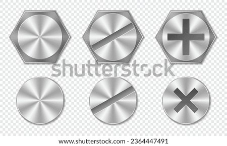 Set of metal bolt heads. Screw and bolt heads top view. Steel metal bolts. Vector illustration