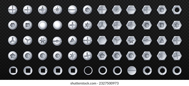 Set of metal bolt heads. Steel and iron materials and equipment for building on copy space. Poster or banner for website. Realistic isometric vector collection isolated on transparent background