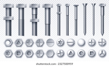 Set of metal bolt and screws. Building materials for renovation. Metal equipment builder or repairman on copy space. Realistic isometric vector collection isolated on transparent background