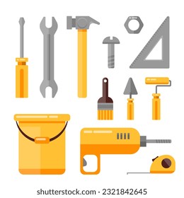 Set of metal bolts, screws, wrench, tape measure and hammer. Service tools. Industry hand drawn flat collection. Industrial equipment